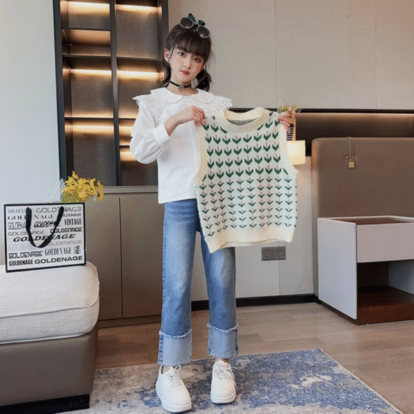 Flower knitted vest three-piece set