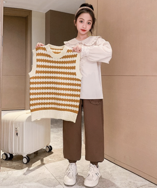 Contrast color wavy pattern vest three-piece set