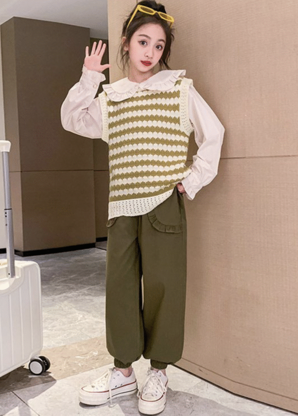 Contrast color wavy pattern vest three-piece set