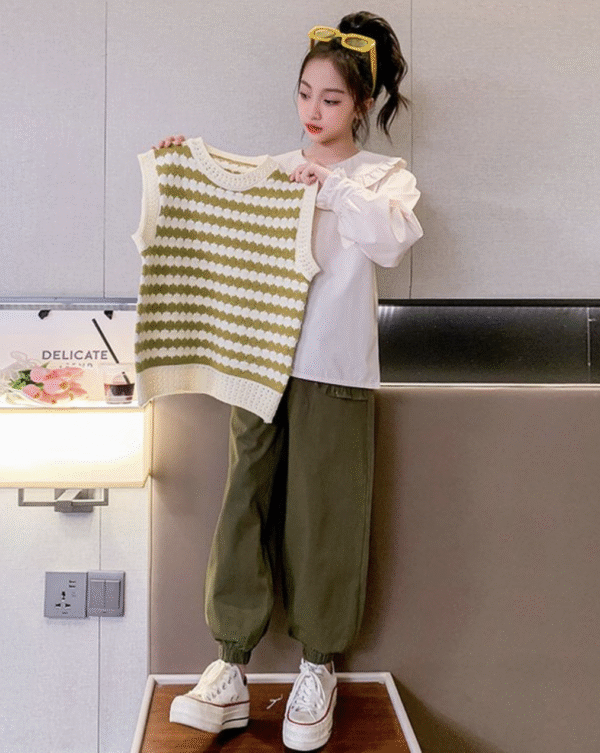 Contrast color wavy pattern vest three-piece set