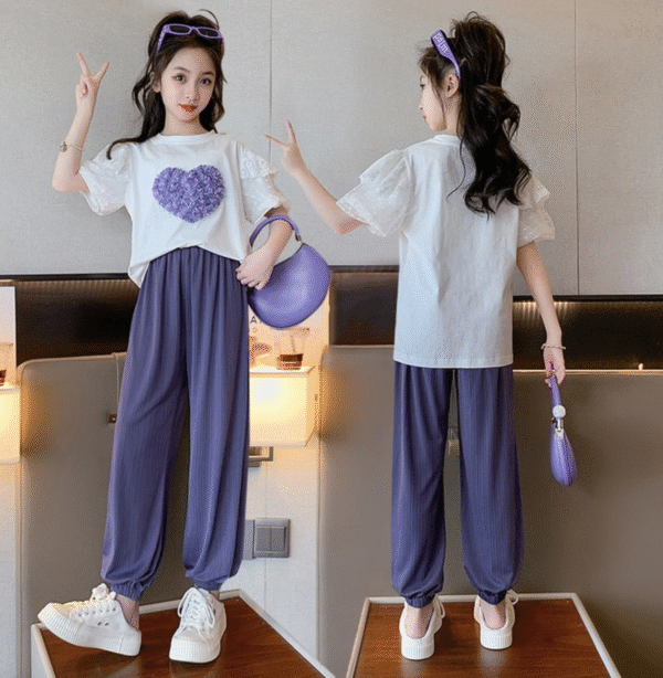 Flower Heart Top Purple Pants Set
