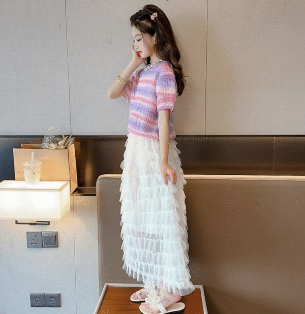 Colorful knitted double-layer flying sleeve skirt suit