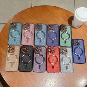 Electroplate Magnetic Phone Case Glitter Shockproof Back Cover With Lens Film Protect