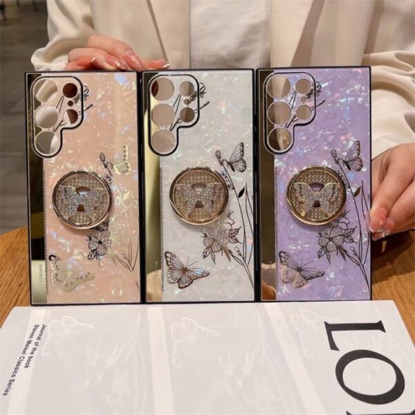 Luxury Electroplate Holder Marble Butterfly Phone Case for Samsung Galaxy S24 S23 ultra S22 S21