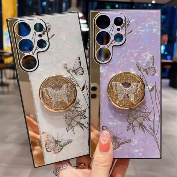 Luxury Electroplate Holder Marble Butterfly Phone Case for Samsung Galaxy S24 S23 ultra S22 S21