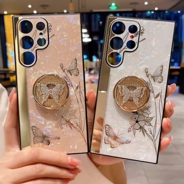 Luxury Electroplate Holder Marble Butterfly Phone Case for Samsung Galaxy S24 S23 ultra S22 S21