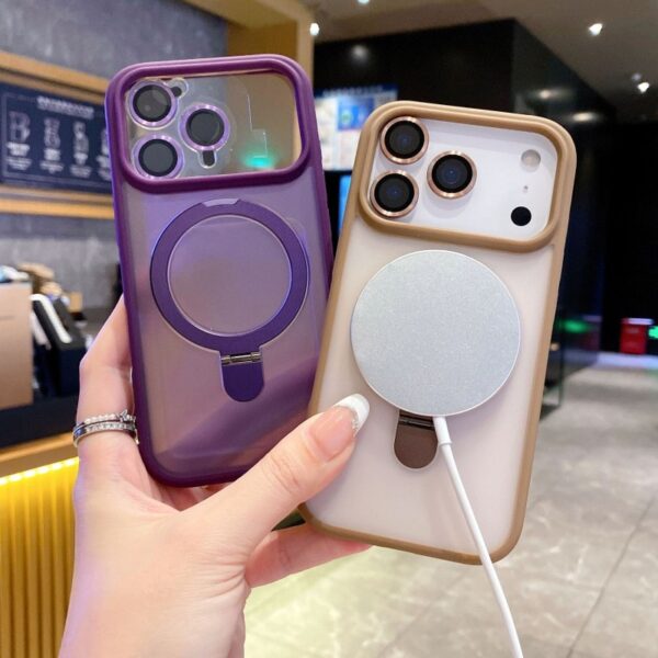 Magnetic Frosted Transparent Mobile Phone Cases for iPhone  With Holder Shockproof Back Cover Lens protection