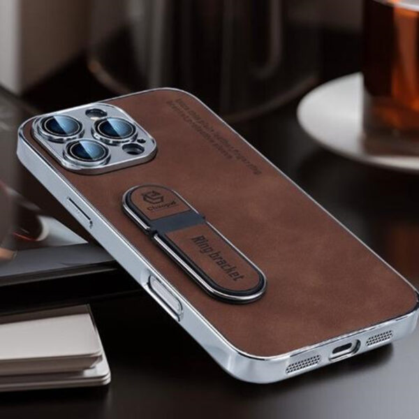 Electroplate Bumper Leather Holder Bracket Mobile Phone case for iPhone 11 Pro Max 12 13 14 15 16 Plus Anti Fall Cover