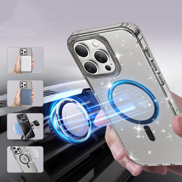 High Quality Magnetic Charging Transparent Glitter Phone Case for iPhone Cover for Samsung Galaxy