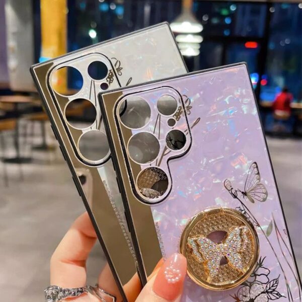 Luxury Electroplate Holder Marble Butterfly Phone Case for Samsung Galaxy S24 S23 ultra S22 S21