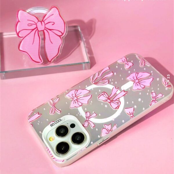 Frosted Print Bowknot Holder Magnetic Mobile Phone Case for iPhone 15 14 13 12 Pro Max Hard PC Girls Protect Back Cover