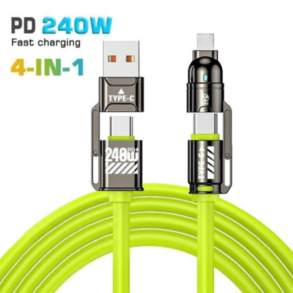 H8b2e4787bdd54595915d430a35a962fe1 240W Fast Charging 4 in 1 Double Type C Data Cable PD High Quality 1M 2M USB Silicone Charger Cable for iPhone Samsung