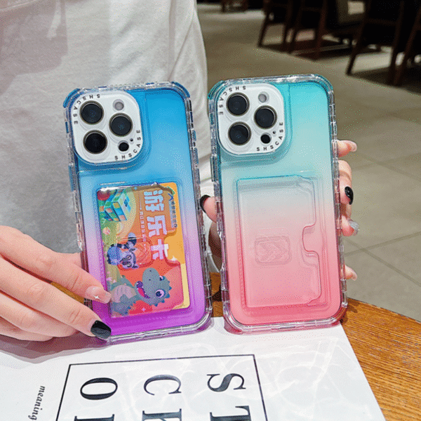 New Gradual Colours 3 in 1 Card Slot Transparent Phone case for iPhone  clear TPU PC Protect Back Cover