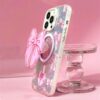 Frosted Print Bowknot Holder Magnetic Mobile Phone Case for iPhone 15 14 13 12 Pro Max Hard PC Girls Protect Back Cover