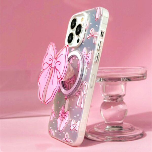 Frosted Print Bowknot Holder Magnetic Mobile Phone Case for iPhone 15 14 13 12 Pro Max Hard PC Girls Protect Back Cover