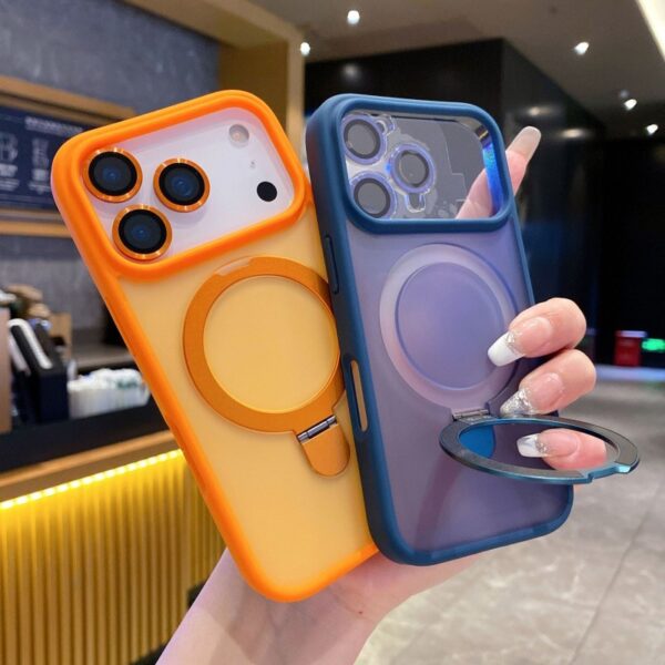 Magnetic Frosted Transparent Mobile Phone Cases for iPhone  With Holder Shockproof Back Cover Lens protection
