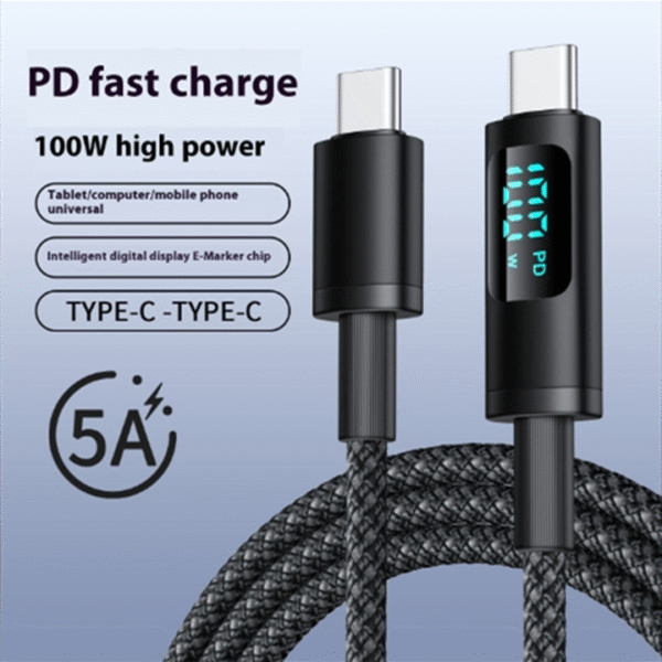 5A Nylon LED Digital Display PD Fast Charging 100W Type C Data Cable 1M Mobile Phone Tablet Computer USB Cable