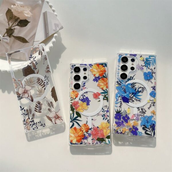 Fashion Transparent IMD Magnetic Flower Phone Case for Samsung Galaxy S24 S23ultra S22