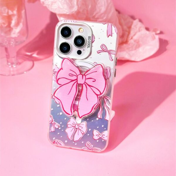 Frosted Print Bowknot Holder Magnetic Mobile Phone Case for iPhone 15 14 13 12 Pro Max Hard PC Girls Protect Back Cover