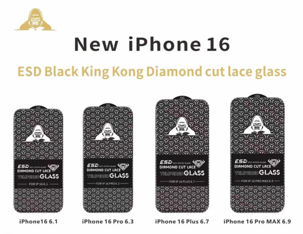 Black King Kong Diamond Cut Lace Glass Screen Protect for iPhone 16 Pro Max 15 14 13 12 11 Anti Static Glass Protect