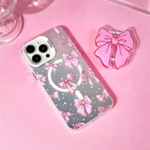 Frosted Print Bowknot Holder Magnetic Mobile Phone Case for iPhone 15 14 13 12 Pro Max Hard PC Girls Protect Back Cover