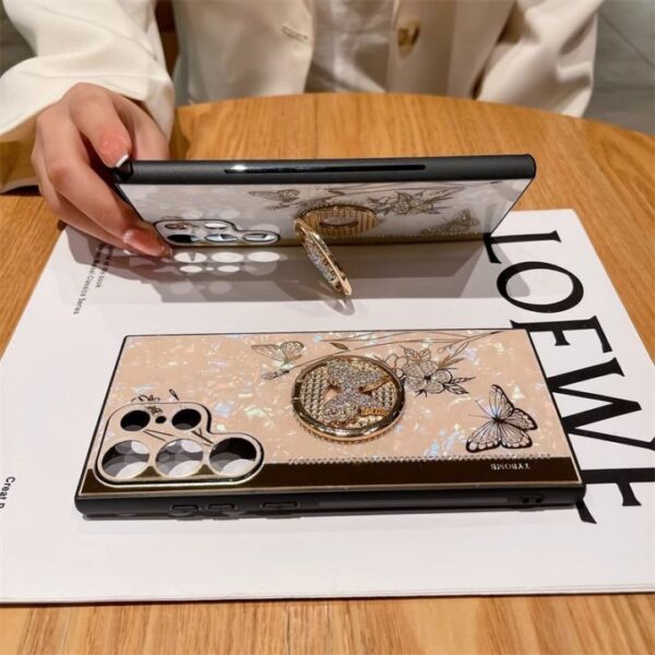 Luxury Electroplate Holder Marble Butterfly Phone Case for Samsung Galaxy S24 S23 ultra S22 S21